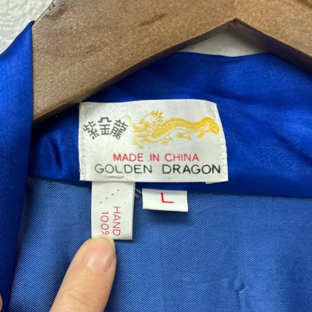 Vintage Golden Dragon Embroidered 100% Silk‎ Robe Blue L
